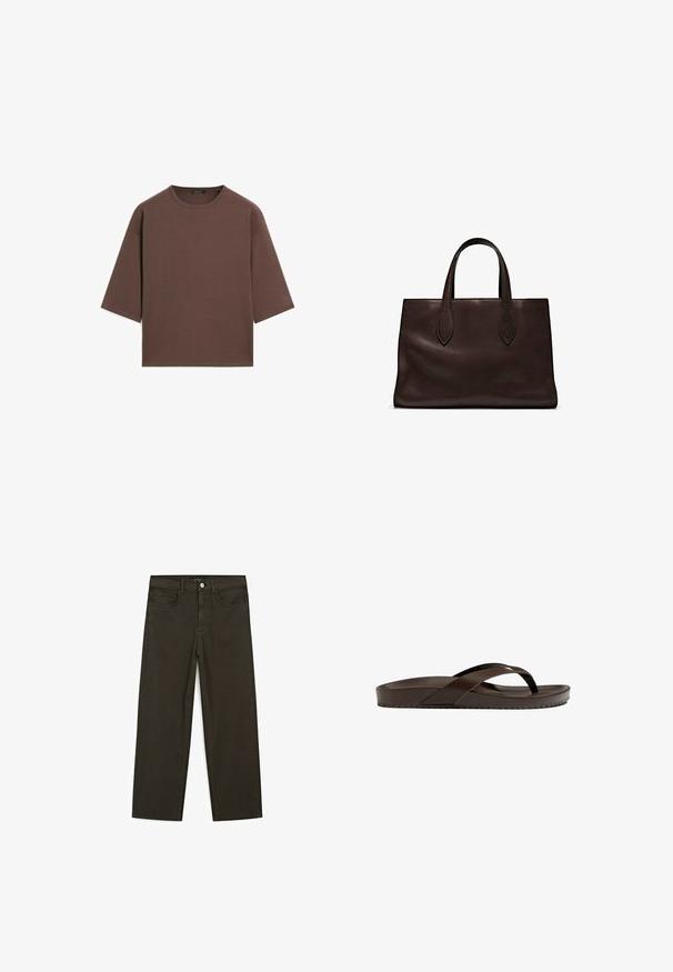 Bruine cropped t-shirt met een ronde halslijn, korte mouwen en een zachte textuur. Ontworpen met een losse pasvorm en minimale details.; Donkergroene wijde jeans van een katoenmix, met een sluiting met een voorste knop, vijf zakken en klassieke denimstiksels.; Bruine flip-flop sandaal met een dikke, gladde zool en een kruisbandontwerp. Gemaakt van synthetisch materiaal, met een getextureerde zool voor grip.; Bruine leren tote bag met twee verlengde handvatten, gestructureerde rechthoekige vorm, gladde textuur en subtiele stiksels.
