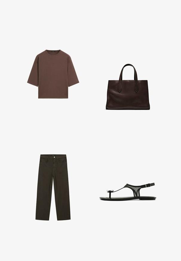 Brun kortärmad t-shirt med rund halsringning, korta ärmar och en mjuk textur. Designad med en avslappnad passform och minimal detaljer.; Mörkgröna vida jeans i bomullsblandning, med knäppning fram, fem fickor och klassisk denimstickning.; Svarta platta sandaler med ett nätband, smal tåslits och justerbar ankelspänne. Har en elegant, minimalistisk design med glänsande detaljer.; Brun läder tote-väska med två avlånga handtag, strukturerad rektangulär form, slät textur och subtila sömdetaljer.