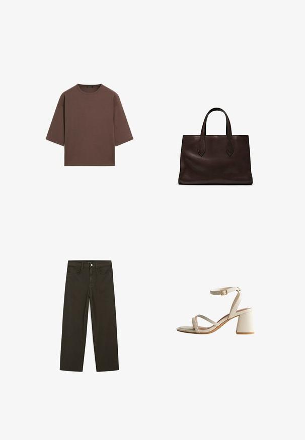 Brązowy, krótki t-shirt z okrągłym dekoltem, krótkimi rękawami i miękką fakturą. Zaprojektowany w luźnym kroju z minimalnymi detalami.; Ciemnozielone spodnie dżinsowe typu wide-leg wykonane z mieszanki bawełny, z zamkiem na guzik z przodu, pięcioma kieszeniami i klasycznym przeszyciem dżinsowym.; Beżowe sandały na obcasie z dwoma skrzyżowanymi paskami i zapięciem wokół kostki. Kwadratowy obcas blokowy o gładkiej teksturze z półmatowym wykończeniem.; Brązowa skórzana torba tote z dwoma wydłużonymi uchwytami, usztywnionym prostokątnym kształtem, gładką teksturą i subtelnymi detalami przeszycia.