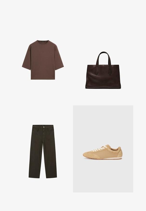 Brown cropped t-shirt with a round neckline, short sleeves, and a soft texture. Designed with a relaxed fit and minimal detailing.; Dark green wide-leg jeans made of cotton blend, featuring a front button closure, five pockets, and classic denim stitching.; Light brown sneaker made of suede and fabric, featuring a rounded toe, white laces, and a rubber sole with a textured finish.; Brown leather tote bag with two elongated handles, structured rectangular shape, smooth texture, and subtle stitching details.