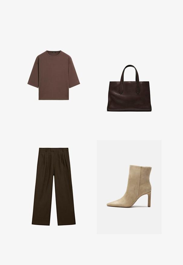 Brown cropped t-shirt with a round neckline, short sleeves, and a soft texture. Designed with a relaxed fit and minimal detailing.; Brown linen trousers with a relaxed fit, featuring front pleats, a flat waistband, and wide, straight legs for a modern silhouette.; Zign High heeled ankle boots - beige; Brown leather tote bag with two elongated handles, structured rectangular shape, smooth texture, and subtle stitching details.