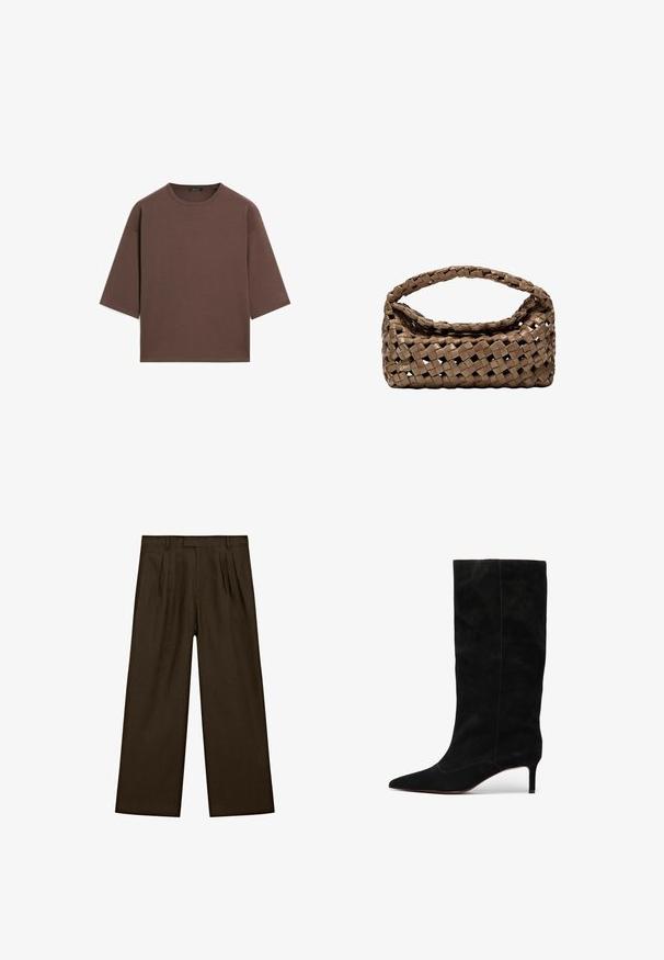 Brązowy, krótki t-shirt z okrągłym dekoltem, krótkimi rękawami i miękką fakturą. Zaprojektowany w luźnym kroju z minimalnymi detalami.; Brązowe lniane spodnie o luźnym kroju, z przodu plisowane, z płaskim pasem i szerokimi, prostymi nogawkami, tworząc nowoczesną sylwetkę.; Czarne zamszowe botki do kolan z ostrym noskiem i smukłym obcasem w stylu stiletto. Charakteryzują się minimalną ilością szwów oraz gładką fakturą na całej powierzchni.; Wpleciony brązowy torebka o prostokątnym kształcie, z wyraźnym uchwytem i teksturowaną powierzchnią. Posiada zamknięty górny zamek oraz skomplikowany wzór plecionki.