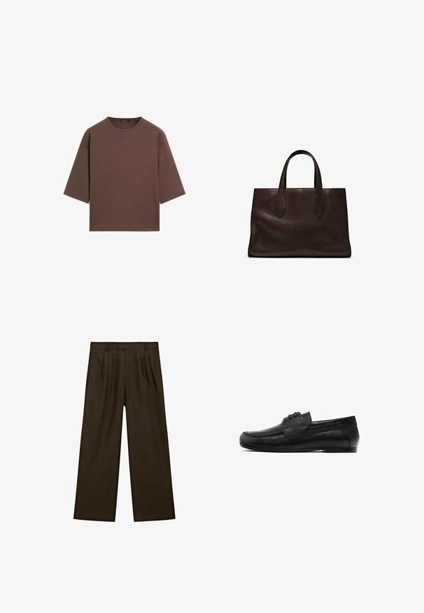 Braunes, kurzes T-Shirt mit rundem Halsausschnitt, kurzen Ärmeln und einer weichen Textur. Entworfen mit einem lässigen Schnitt und minimalen Details.; Braune Leinenhose mit lockerer Passform, ausgestattet mit vorderen Falten, einem flachen Taillenbund und weiten, geraden Beinen für eine moderne Silhouette.; Schwarze Lederlofer mit runder Spitze, dekorativer Naht an der Vorderseite und zwei seitlichen Akzenten. Glatte Textur mit einem niedrigen, stabilen Absatz.; Braune Ledertasche mit zwei langen Griffen, strukturierte rechteckige Form, glatte Textur und dezente Nähdetails.