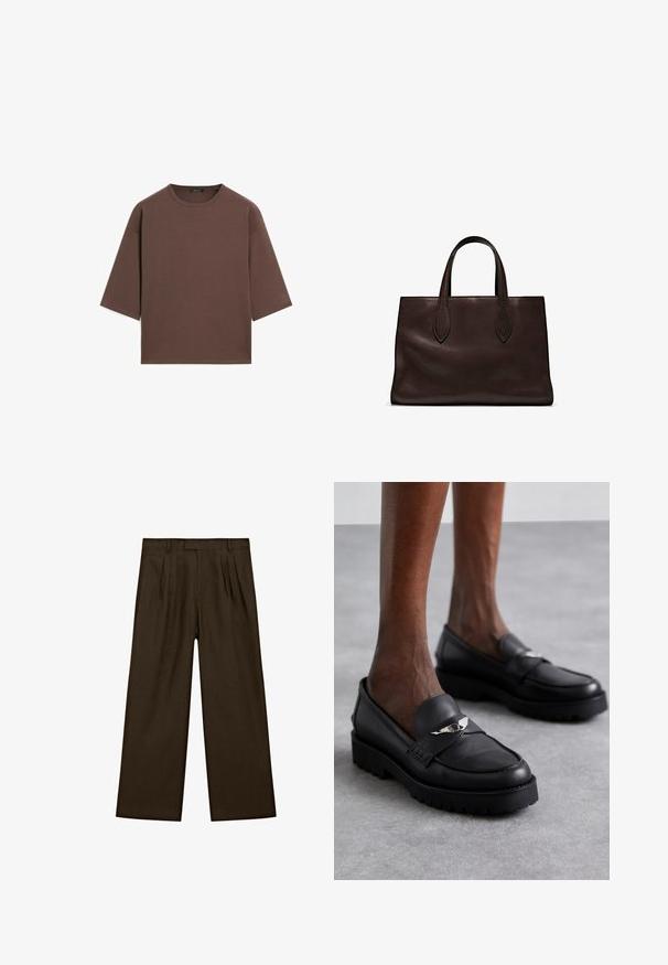 T-shirt corto marrone con scollatura rotonda, maniche corte e una texture morbida. Progettato con una vestibilità rilassata e dettagli minimi.; Pantaloni in lino marroni con vestibilità rilassata, caratterizzati da pinces frontali, una vita piatta e gambe larghe e dritte per una silhouette moderna.; Mocassini neri in pelle con punta arrotondata, caratterizzati da un'accento argentato sulla fascia e una suola spessa e strutturata per una maggiore aderenza.; Borsa a spalla in pelle marrone con due manici lunghi, forma rettangolare strutturata, texture liscia e dettagli di cucitura sottili.