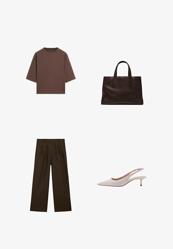 Bruine cropped t-shirt met een ronde halslijn, korte mouwen en een zachte textuur. Ontworpen met een losse pasvorm en minimale details.; Bruine linnen broeken met een relaxte pasvorm, voorzien van voorplooien, een platte tailleband en brede, rechte pijpen voor een moderne silhouet.; Mango Klassieke pumps - off-white; Bruine leren tote bag met twee verlengde handvatten, gestructureerde rechthoekige vorm, gladde textuur en subtiele stiksels.