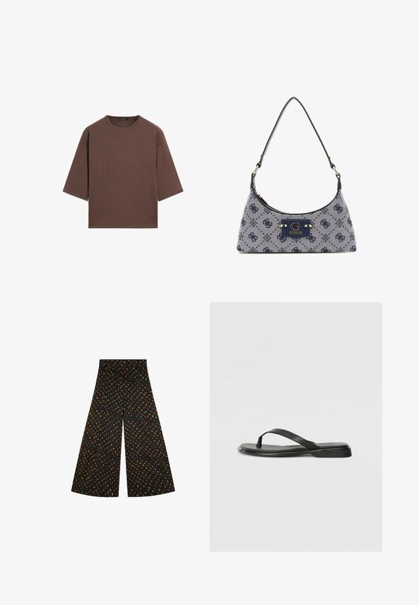 Brązowy, krótki t-shirt z okrągłym dekoltem, krótkimi rękawami i miękką fakturą. Zaprojektowany w luźnym kroju z minimalnymi detalami.; Szerokie spodnie w czarnym materiale z całkowitym geometrycznym wzorem w pomarańczowe, zielone i żółte kształty. Gładka tekstura, wysoki stan.; Czarne klapki wykonane z gładkiej skóry, z cienkim paskiem i płaską podeszwą o minimalistycznym profilu. Brak widocznych wzorów lub akcentów.; Torba hobo w granatowym materiale z diamentowym wzorem, z okuciem z logo oraz gładkim paskiem na ramię. Teksturowana powierzchnia.