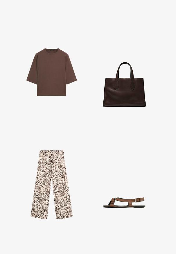 Braunes, kurzes T-Shirt mit rundem Halsausschnitt, kurzen Ärmeln und einer weichen Textur. Entworfen mit einem lässigen Schnitt und minimalen Details.; Weite Hosen aus einem hellen Creme-Stoff mit einem braunen Punktmuster. Verfügt über einen Kordelzugbund und eine glatte, weiche Textur.; Braune Leder-Sandale mit offener Zehenpartie und seitlichen Ausschnitten. Sie verfügt über einen Knöchelriemen mit einer metallischen Schnalle und eine flache Sohle.; Braune Ledertasche mit zwei langen Griffen, strukturierte rechteckige Form, glatte Textur und dezente Nähdetails.