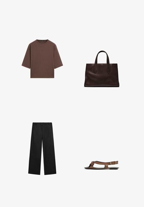 Hnědý zkrácený tričko s kulatým výstřihem, krátkými rukávy a měkkou texturou. Navrženo s uvolněným střihem a minimálním zdobením.; Široké černé kalhoty vyrobené z bavlněné směsi, s hladkým povrchem, předními kapsami a minimálními švy.; Hnědá kožená sandál s otevřenou špičkou a bočními výřezy. Obsahuje kotníkový pásek s kovovou sponou a plochou podrážku.; Hnědá kožená taška přes rameno s dvěma dlouhými uchy, strukturální obdélníkový tvar, hladká textura a jemné švy.