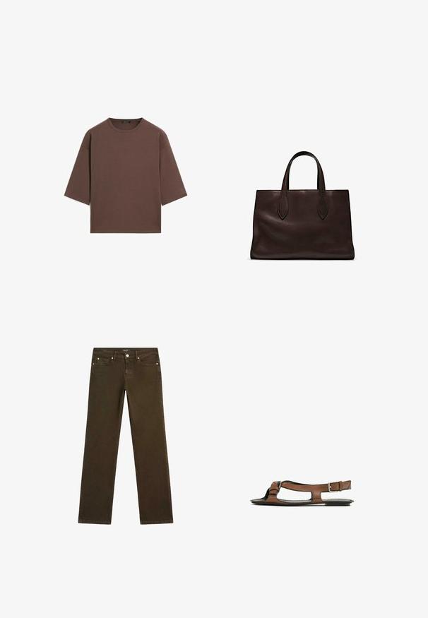 Brown cropped t-shirt with a round neckline, short sleeves, and a soft texture. Designed with a relaxed fit and minimal detailing.; Brown denim pants with a straight leg design, featuring five-pocket styling and a metal button closure at the waist.; Brown leather sandal with an open toe and side cutouts. Features an ankle strap with a metal buckle and a flat sole.; Brown leather tote bag with two elongated handles, structured rectangular shape, smooth texture, and subtle stitching details.