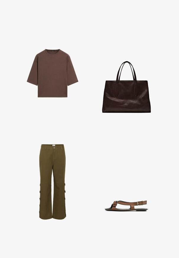 Brązowy, krótki t-shirt z okrągłym dekoltem, krótkimi rękawami i miękką fakturą. Zaprojektowany w luźnym kroju z minimalnymi detalami.; Spodnie w kolorze khaki z prostą nogawką, z bocznymi guzikami i gładką teksturą. Wykonane z tkaniny tkanej, odpowiednie na codzienne noszenie.; Brązowe skórzane sandały z otwartym palcem i wycięciami po bokach. Posiadają pasek na kostkę z metalową klamrą oraz płaską podeszwę.; Massimo Dutti - Torebka