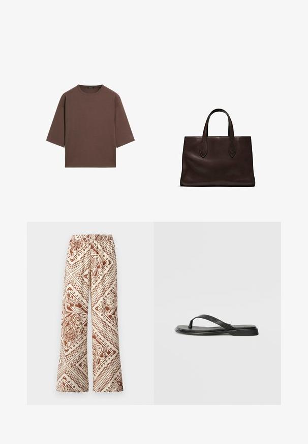 Brown cropped t-shirt with a round neckline, short sleeves, and a soft texture. Designed with a relaxed fit and minimal detailing.; Wide-leg pants in a cream fabric featuring a brown floral pattern with geometric designs, elasticated waistband, and smooth texture.; Black flip-flop made of smooth leather, featuring a thin strap design and a flat sole with a minimal profile. No notable patterns or accents.; Brown leather tote bag with two elongated handles, structured rectangular shape, smooth texture, and subtle stitching details.