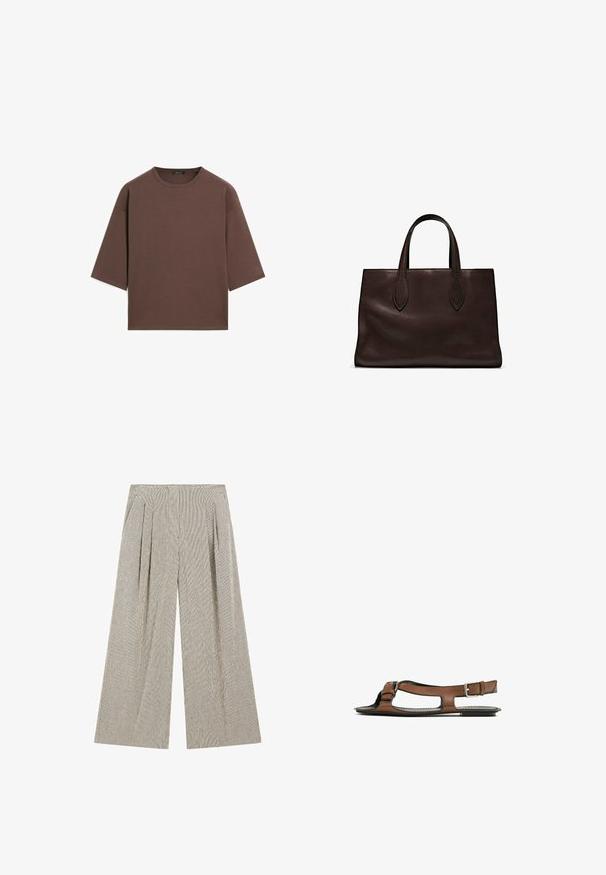 Bruine cropped t-shirt met een ronde halslijn, korte mouwen en een zachte textuur. Ontworpen met een losse pasvorm en minimale details.; Wijde broek in textuurstof, in een muted grijs met subtiele verticale strepen, met plooien in de taille voor extra detail.; Bruine leren sandaal met een open teen en zijuitsparingen. Voorzien van een enkelband met een metalen gesp en een platte zool.; Bruine leren tote bag met twee verlengde handvatten, gestructureerde rechthoekige vorm, gladde textuur en subtiele stiksels.