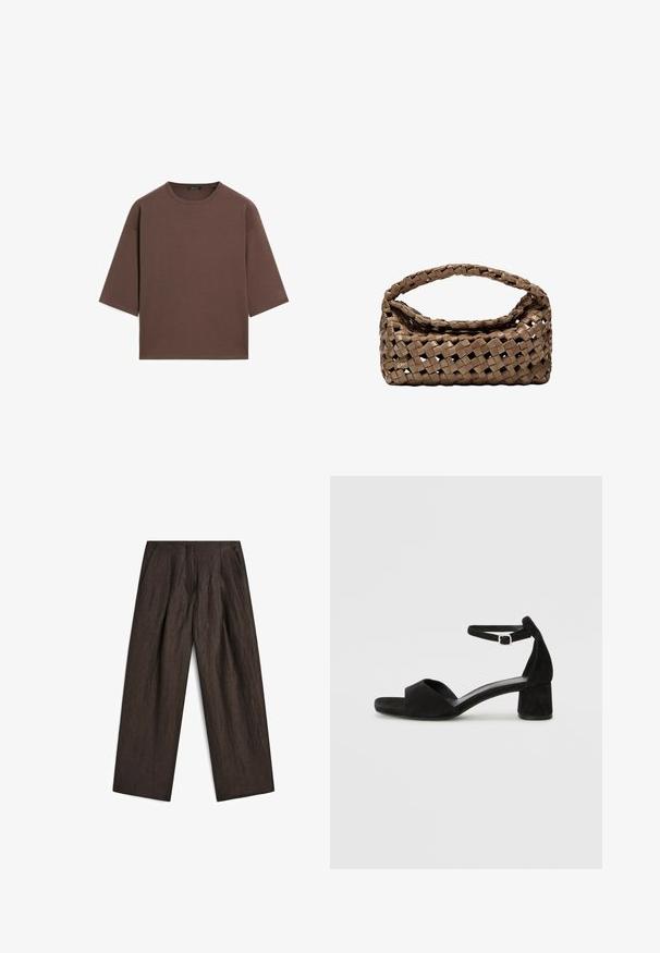 Braunes, kurzes T-Shirt mit rundem Halsausschnitt, kurzen Ärmeln und einer weichen Textur. Entworfen mit einem lässigen Schnitt und minimalen Details.; Dunkelbraune Hosen aus strukturiertem Stoff mit weitem Bein, gefälteltem Vorderteil und seitlichen Taschen für eine definierte Silhouette.; Schwarze Wildleder-Espadrilles mit einem dünnen Knöchelriemen, offener Zehenpartie und moderatem Blockabsatz. Glatte Textur und minimale Akzente.; Geflochtener brauner Handtasche in rechteckiger Form, mit strukturiertem Griff und texturierter Oberfläche. Verfügt über einen geschlossenen oberen Teil und ein ausgeklügeltes Geflechtmuster.