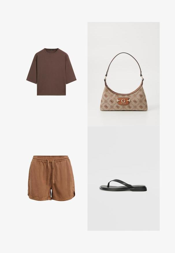 Bruine cropped t-shirt met een ronde halslijn, korte mouwen en een zachte textuur. Ontworpen met een losse pasvorm en minimale details.; Bruine shorts van zacht materiaal, met een elastische tailleband, verstelbaar touwtje en zijzakken. Zoom met kleine zijsplitten.; Zwarte teenflip-flop van glad leer, met een dunne band en een platte zool met een minimalistisch profiel. Geen opvallende patronen of accenten.; Tote bag van beige stof met bruine patroonaccenten. Beschikt over een gebogen vorm, enkele strap en een logo plaatje aan de voorkant met zilverkleurige hardware.