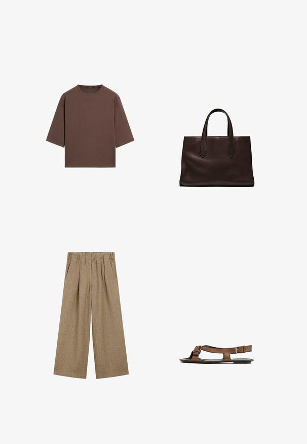 Braunes, kurzes T-Shirt mit rundem Halsausschnitt, kurzen Ärmeln und einer weichen Textur. Entworfen mit einem lässigen Schnitt und minimalen Details.; Weite Hosen in hellbraunem Stoff mit strukturiertem Finish, ausgestattet mit einem elastischen Bund und seitlichen Taschen.; Braune Leder-Sandale mit offener Zehenpartie und seitlichen Ausschnitten. Sie verfügt über einen Knöchelriemen mit einer metallischen Schnalle und eine flache Sohle.; Braune Ledertasche mit zwei langen Griffen, strukturierte rechteckige Form, glatte Textur und dezente Nähdetails.