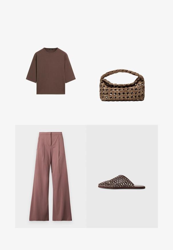 Braunes, kurzes T-Shirt mit rundem Halsausschnitt, kurzen Ärmeln und einer weichen Textur. Entworfen mit einem lässigen Schnitt und minimalen Details.; Weite Hose in einem sanften Rosaton, aus glattem Stoff mit vorderen Falten und einer seitlichen Tasche. Schlichtes, elegantes Design.; Braune gewobene Rutsch-Sandale mit abgerundeter Zehe, offenem Design, flacher Sohle und texturierter Oberfläche. Leichtes Material und minimalistisches Silhouette.; Geflochtener brauner Handtasche in rechteckiger Form, mit strukturiertem Griff und texturierter Oberfläche. Verfügt über einen geschlossenen oberen Teil und ein ausgeklügeltes Geflechtmuster.