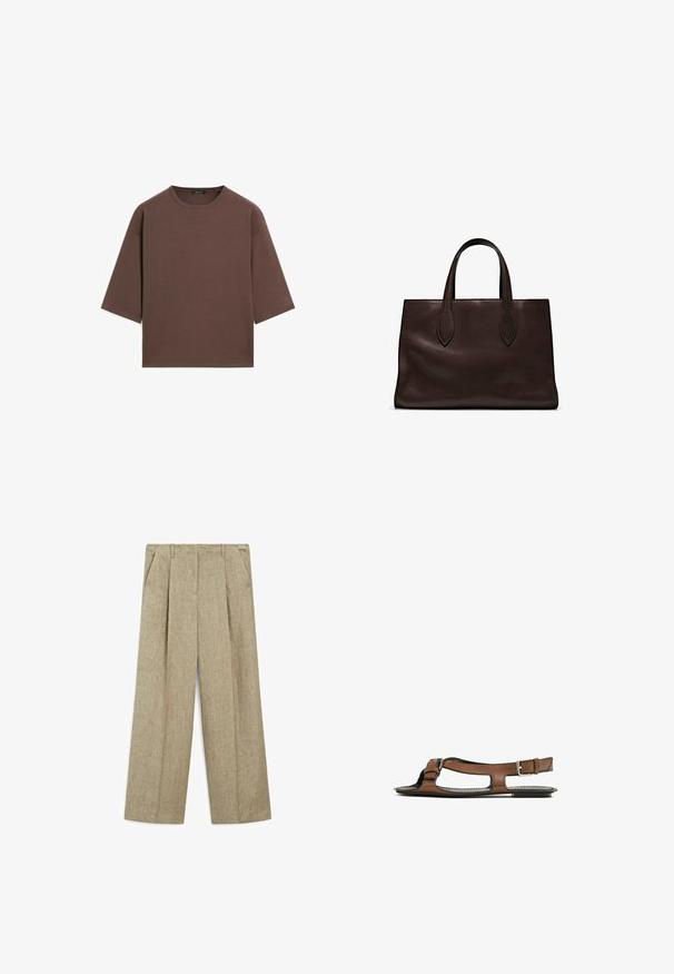 T-shirt marron court avec un col rond, des manches courtes et une texture douce. Conçu avec une coupe décontractée et un minimum de détails.; Pantalons larges beige clair avec des plis, dotés de deux poches latérales et d'un tissu en lin texturé.; Sandale en cuir brun avec un bout ouvert et des découpes sur les côtés. Présente une sangle de cheville avec une boucle en métal et une semelle plate.; Sac tote en cuir marron avec deux poignées allongées, forme rectangulaire structurée, texture lisse et détails de couture subtils.