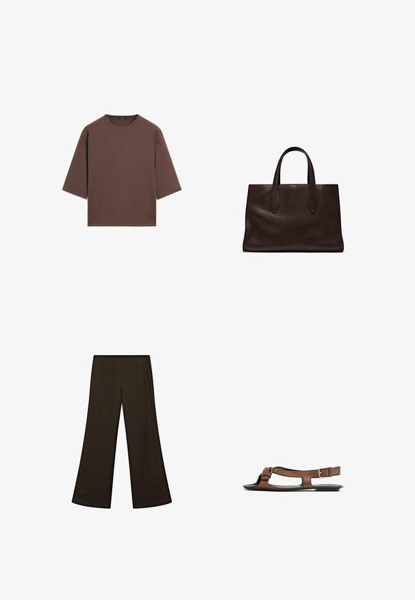 Brown cropped t-shirt with a round neckline, short sleeves, and a soft texture. Designed with a relaxed fit and minimal detailing.; Wide-leg pants in dark brown fabric, featuring a smooth texture and a stretchy waistband for comfort. No visible patterns or hardware.; Brown leather sandal with an open toe and side cutouts. Features an ankle strap with a metal buckle and a flat sole.; Brown leather tote bag with two elongated handles, structured rectangular shape, smooth texture, and subtle stitching details.