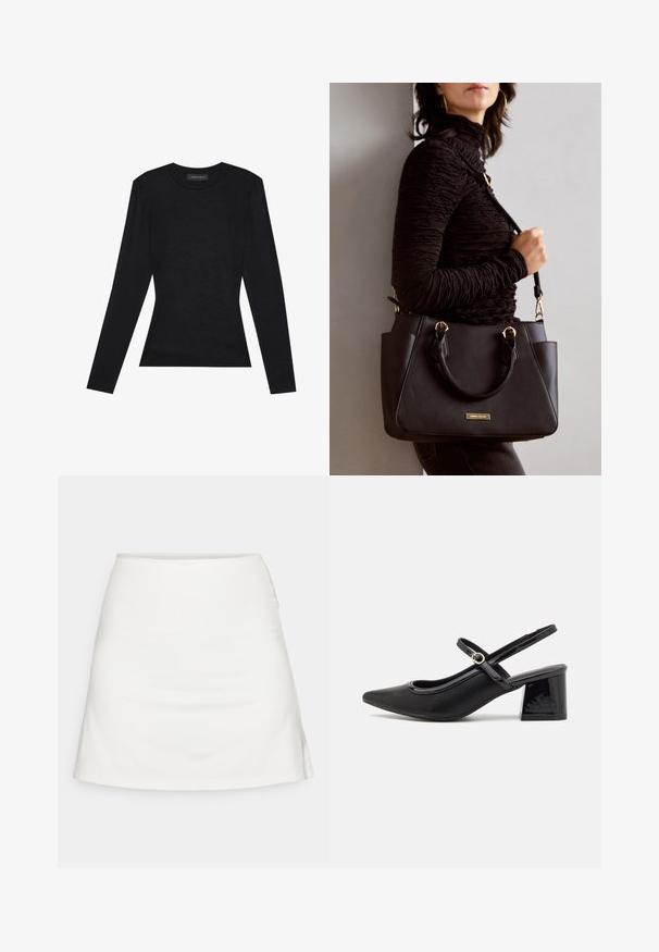 Camisola preta de manga longa com decote redondo, apresentando uma silhueta ajustada e um ligeiro volume nos ombros. Feita de material de algodão suave.; Saia a linha branca com uma textura suave, comprimento até a metade da coxa e detalhes sutis nas costuras laterais. Sem fechos visíveis ou padrões.; Sabrinas de cerâmica preta com salto bloco, bico apontado e um design com recortes arredondados. Apresenta um detalhe em fivela de tom dourado.; Bolsa preta com superfície texturizada, alças superiores duplas e alça de ombro ajustável. Apresenta ferragens em tom dourado e bolsos laterais.