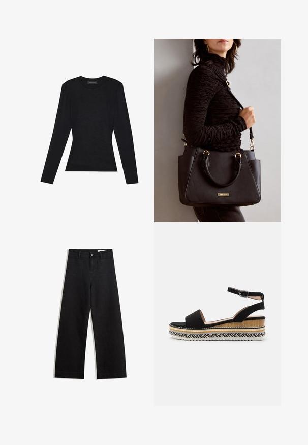 Maglietta nera a maniche lunghe con collo rotondo, caratterizzata da una silhouette aderente e un leggero volume sulle spalle. Realizzata in morbido cotone.; Pantaloni in denim neri a gamba larga con vita alta, dotati di tasche anteriori e posteriori, cuciture a punto, e chiusura con bottone. Texture liscia.; Sandalo in suede nero con una fascia larga, fibbia alla caviglia e una suola a cuneo stratificata che presenta texture naturali e un motivo intrecciato.; Borsa nera con superficie texturizzata, manici superiori doppi e tracolla regolabile. Dotata di hardware color oro e tasche laterali.