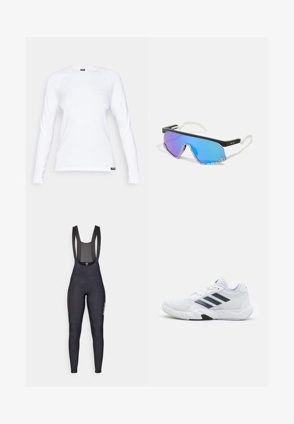 Biała koszula z długim rękawem, wykonana z teksturowanej tkaniny, z okrągłym dekoltem i rękawami raglanowymi, z małą czarną metką z logo na dolnym brzegu.; GripGrab - Spodnie rowerowe z szelkami; Białe buty sportowe z siateczkową cholewką, trzy czarne paski po boku, teksturowane akcenty i solidna gumowa podeszwa z kontrastującą czarną sekcją.; Okulary słoneczne sportowe z czarną oprawą, białymi akcentami i niebieskimi lustrzanymi szkłami w gradiencie. Teksturowane zauszniki w biało-czarny wzór.
