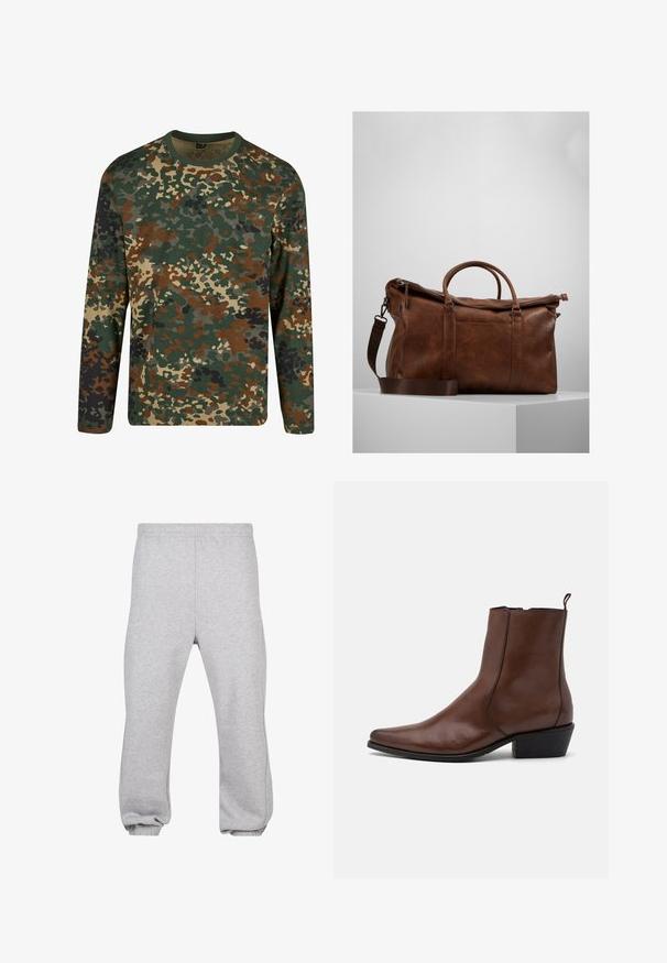 Tricou cu mânecă lungă în camuflaj, în nuanțe de verde, maro și bej, cu guler rotund. Prezentă un model mixt de pete neregulate și texturi.; Pantaloni de trening gri din material din amestec de bumbac, cu talie elastică, picioare îngustate și margini manșonate. Design simplu, fără modele.; Zign LEATHER - Botine cowboy/biker - dark brown; Geantă de voiaj din piele maro, cu închidere cu fermoar, mânere duble, curea de umăr ajustabilă și modele de textură vizibile pe suprafață.