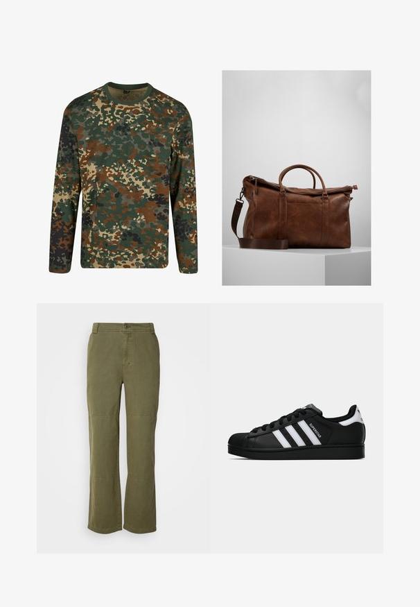 Žaliai, rudos ir smėlio spalvos ilgos rankovės kamufliažo marškinėliai su apvaliu iškirpimu. Yra mišrus raštas su netaisyklingomis dėmėmis ir tekstūromis.; Alyvuogių žalių medvilninių kelnių tiesaus kirpimo dizainas, matoma mygtukų uždarymo sistema ir siūlės akcentai ties keliais, suteikiantys papildomą detalumą ir struktūrą.; Juodos „Adidas Superstar“ sportbačiai su baltais dryžiais, šonine kriaukle ir „Superstar“ tekstu šone, rodomi šoniniame profilyje ant balto fono.; Ruda odinė sportinė kuprinė su užtrauktuku, dviem rankenomis, reguliuojamu peties diržu ir matomais tekstūros raštais paviršiuje.