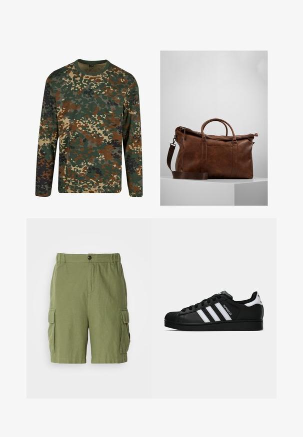 Langärmliges Camouflage-T-Shirt in Grün, Braun und Beige mit einem runden Ausschnitt. Es verfügt über ein gemischtes Muster aus unregelmäßigen Flecken und Texturen.; Grüne Cargo-Shorts mit einem lässigen Schnitt, aus leichtem Stoff gefertigt. Verfügt über seitliche Taschen und einen vorderen Knopfverschluss.; Schwarzer Adidas Superstar Sneaker mit weißen Streifen, Schalenzehen und "Superstar"-Schriftzug an der Seite, im Seitenprofil auf weißem Hintergrund dargestellt.; Braune Leder-Duffel-Tasche mit Reißverschluss, doppelten Griffen, verstellbarem Schultergurt und sichtbaren Texturmuster auf der Oberfläche.