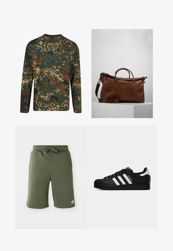 Dlhý rukáv tričko s maskáčovým vzorom v zelených, hnedých a béžových odtieňoch s okrúhlym výstrihom. Obsahuje zmiešaný vzor s nepravidelnými škvrnami a textúrami.; Olivové kraťasy vyrobené z mäkkej tkaniny, s elastickým pásom na šnúrku, bočnými vreckami a potlačeným logom na dolnej pravej strane.; Čierne tenisky Adidas Superstar s bielymi pruhmi, špičkou v tvare mušle a textom "Superstar" na boku, zobrazené v bočnom profilu na bielom pozadí.; Hnedá kožená cestovná taška so zipsovým uzáverom, dvojitými uchami, nastaviteľným ramenným popruhom a viditeľnými textúrami na povrchu.