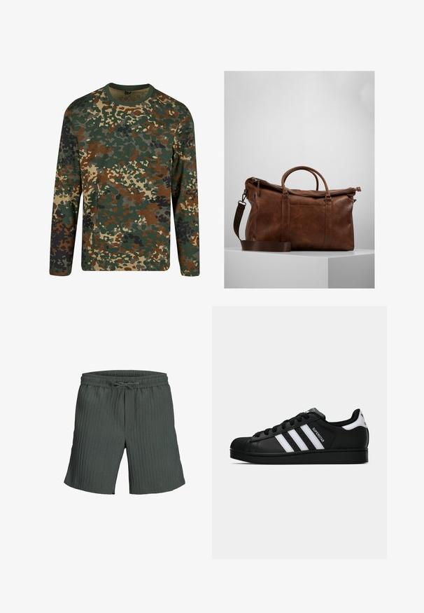 Long-sleeve camouflage t-shirt in green, brown, and beige with a round neckline. Features a mixed pattern of irregular splotches and textures.; Dark green, ribbed shorts with an elastic waistband and drawstring. A loose fit enhances comfort and mobility.; Black Adidas Superstar sneaker with white stripes, shell toe, and "Superstar" text on side, shown in side profile on white background.; Brown leather duffle bag with a zip closure, double handles, adjustable shoulder strap, and visible texture patterns on the surface.