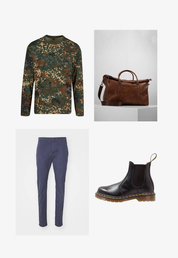 Long-sleeve camouflage t-shirt in green, brown, and beige with a round neckline. Features a mixed pattern of irregular splotches and textures.; Navy trousers with a slim fit, constructed from lightweight cotton. Features belt loops, side pockets, and a smooth finish.; Black leather Chelsea boot with elastic side panels, yellow stitching, and a textured rubber sole. Features a pull tab for easy wear.; Brown leather duffle bag with a zip closure, double handles, adjustable shoulder strap, and visible texture patterns on the surface.