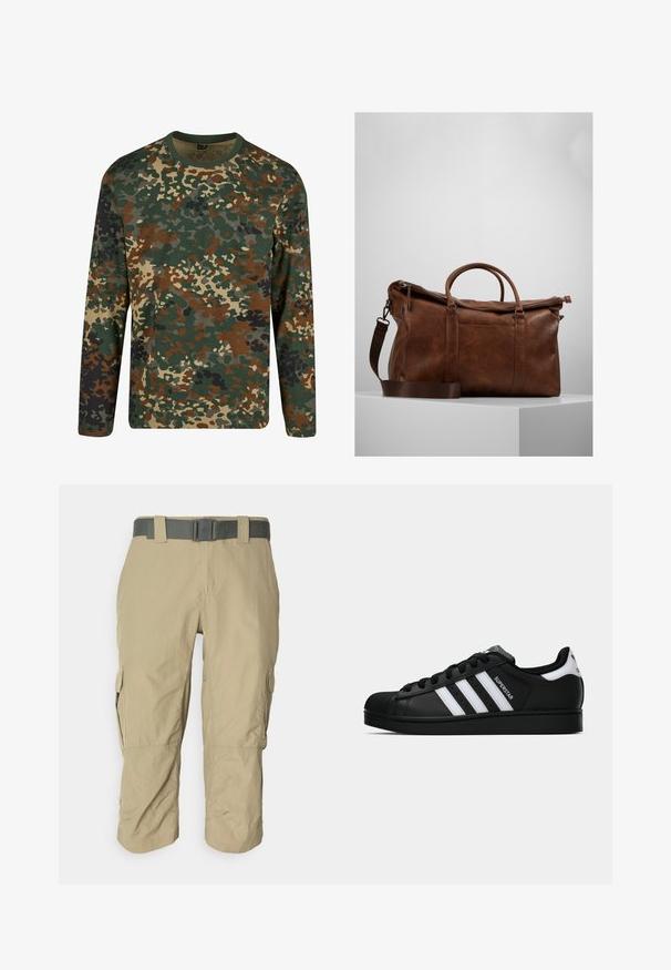 Långärmad kamouflage t-shirt i grönt, brunt och beige med rund hals. Har ett blandat mönster av oregelbundna fläckar och texturer.; Beiga cargobyxor med textilstruktur, knä-långa, med bälte, sidofickor och rak passform, designade för komfort och funktionalitet.; Svart Adidas Superstar sneaker med vita ränder, sula i skalform och "Superstar" text på sidan, visad i sidoprofil mot vit bakgrund.; Brun läder resväska med dragkedjestängning, dubbla handtag, justerbar axelrem och synliga texturmönster på ytan.