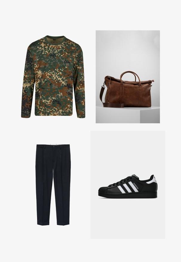 Langarm camouflage t-shirt in groen, bruin en beige met een ronde hals. Heeft een gemengd patroon van onregelmatige vlekken en texturen.; Marineblauwe broek van stof met een gladde textuur, voorzien van dubbele plooien aan de voorkant, een knoopsluiting en omslagen bij de hems.; Zwarte Adidas Superstar sneaker met witte strepen, schelpneus en 'Superstar' tekst aan de zijkant, afgebeeld in zijaanzicht op een witte achtergrond.; Bruine leren sporttas met een ritssluiting, dubbele handvaten, een verstelbare schouderband en zichtbare textuurpatronen op het oppervlak.; Zilveren ketting met een grote, ornamentele kruis hanger met scherpe accenten en een gepolijste afwerking. De ketting is dik en plat.