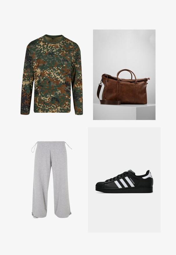 Koszulka z długim rękawem w kamuflażu w kolorze zielonym, brązowym i beżowym, z okrągłym dekoltem. Charakteryzuje się mieszanym wzorem nieregularnych plam i faktur.; Jasnoszare spodnie o szerokich nogawkach wykonane z miękkiej bawełny, z regulowanymi sznurkami w pasie i na końcach nogawek dla dopasowania do indywidualnych potrzeb.; Czarne sneakersy Adidas Superstar z białymi paskami, noskiem w kształcie muszli i napisem "Superstar" na boku, zaprezentowane w profilu bocznym na białym tle.; Brązowa skórzana torba sportowa z zamknięciem na zamek, podwójnymi uchwytami, regulowanym paskiem na ramię oraz widocznymi wzorami tekstury na powierzchni.