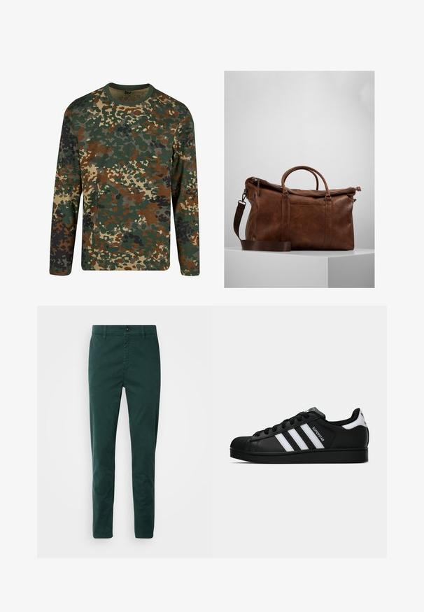 Long-sleeve camouflage t-shirt in green, brown, and beige with a round neckline. Features a mixed pattern of irregular splotches and textures.; Dark green chinos made from cotton, featuring a straight cut, front pockets, a zip fly, and a brown button at the waistband.; Black Adidas Superstar sneaker with white stripes, shell toe, and "Superstar" text on side, shown in side profile on white background.; Brown leather duffle bag with a zip closure, double handles, adjustable shoulder strap, and visible texture patterns on the surface.