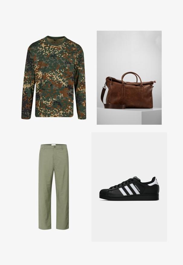 Zaļa, brūna un bežīga ilgu piedurkņu kamuflāžas T-krekls ar apaļu kakla izgriezumu. Tam ir jaukta raksta neregulāri traipi un tekstūras.; Gai olīvzaļi bikses, kas izgatavotas no gludas, vieglas auduma. Iekļautas priekšējā pogu aizdare un klasiskā taisnā kāju dizains.; Melnas Adidas Superstar kedas ar baltām svītrām, čaulas purngalu un uzrakstu "Superstar" sānos, parādītas sānskatā uz baltā fona.; Brūna ādas ceļojumu soma ar rāvējslēdzēju, dubultām rokturiem, regulējamu plecu siksnu un redzamām tekstūras rakstu zīmēm virsmā.