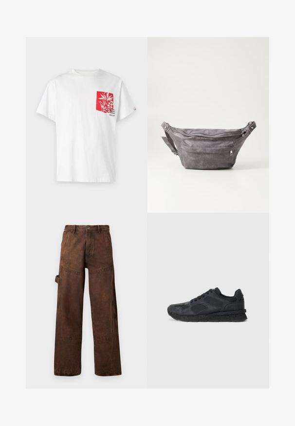 Balts kokvilnas t-krekls ar sarkanu kabatu, kurā ir ziedu dizains un teks. Īsās piedurknes, apaļa kakla izgriezums un brīvs piegriezums.; Brūnas taisnas darba bikses ar lietderības kabatu sānos, jostas cilpiņām un pogas aizdari jostasvietā.; Replay ARTHUR ATOM - Treniņu apavi - black; Pelēks zamšādas jostas somiņa ar noapaļotu formu, divām kabatām ar rāvējslēdzējiem un regulējamu siksnu. Iekļauj metāla aksesuārus.