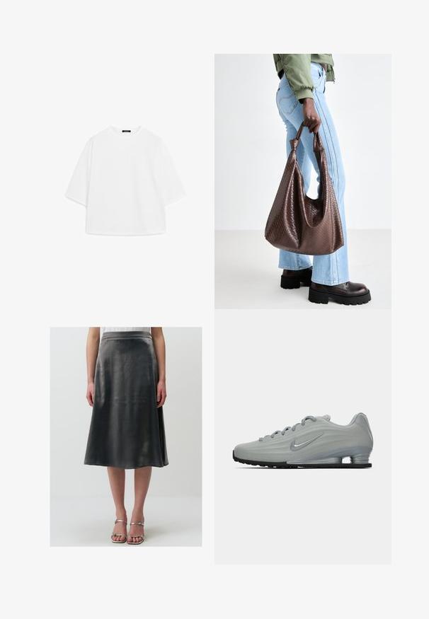 Weißes, übergroßes T-Shirt aus weichem Baumwollstoff. Mit kurzen Ärmeln, runder Ausschnitt und einem lässigen Schnitt ohne sichtbare Muster oder Akzente.; Ein knielanger, grauer Satinrock mit glatter Textur, der einen leichten Glanz und eine ausgestellte Silhouette aufweist, ergänzt durch einen einfachen Taillenbund.; Seitenansicht eines hellgrauen Nike-Sneakers mit Schnürsenkeln, einem Swoosh-Logo und einer transparenten Dämpfungsohle auf einem schlichten Hintergrund.; Braune gewebte Leder-Handtasche mit geknoteten Griffen, die von einer Person in hellblauen Jeans und schwarzen klobigen Schuhen getragen wird. Glatte, strukturierte Oberfläche.