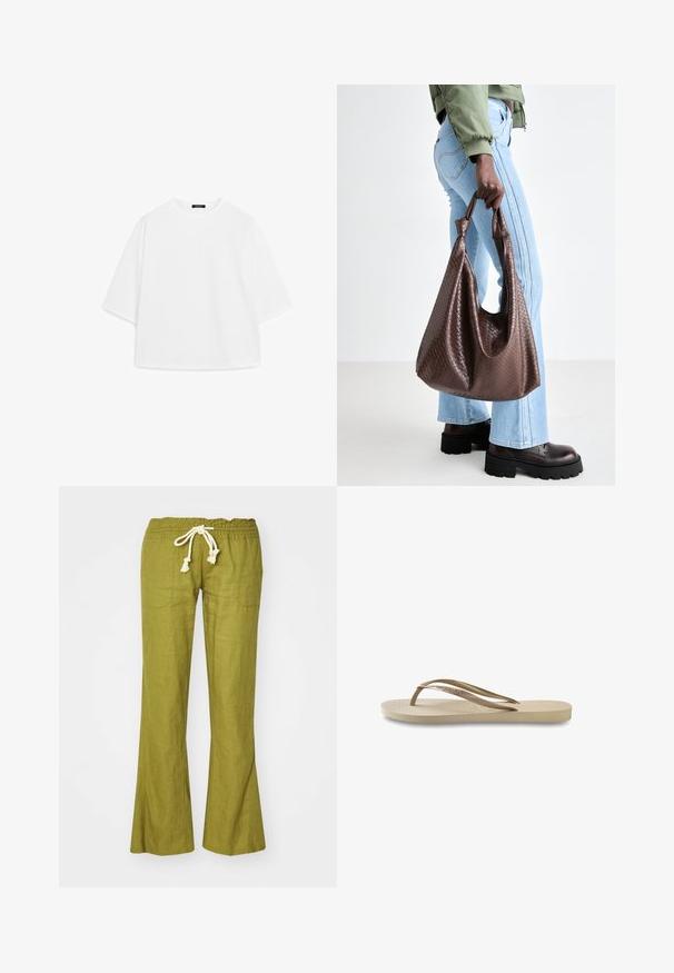T-shirt bianco oversize realizzata in morbido cotone. Caratterizzata da maniche corte, un colletto tondo e una vestibilità rilassata senza modelli o dettagli visibili.; Pantaloni svasati in lino verde con vita elasticizzata e cordino regolabile. Presentano due tasche laterali e una texture liscia.; Infradito beige chiaro con soletta testurizzata, suola piatta e sottili cinturini lucidi. Presenta un marchio discreto sul cinturino.; Borsa tote in pelle intrecciata marrone con manici annodati, portata da una persona in jeans blu chiaro e scarpe nere robuste. Superficie liscia e strutturata.