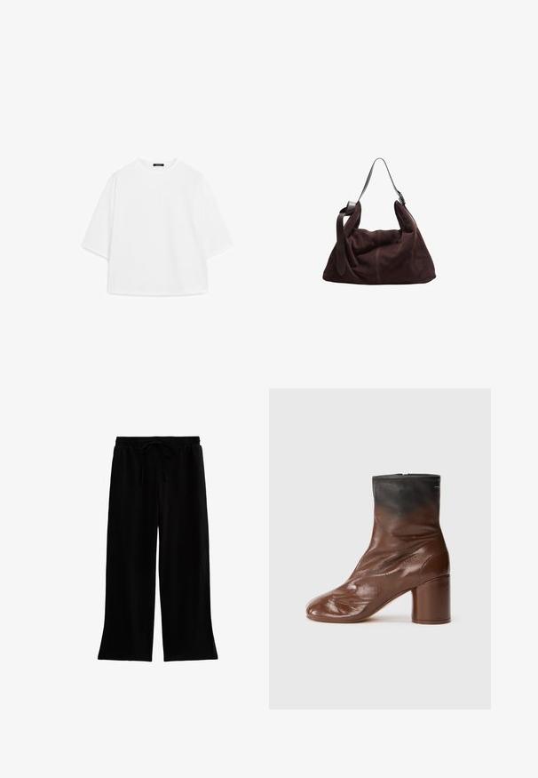 Witte oversized t-shirt van zachte katoen. Heeft korte mouwen, een ronde halslijn en een ontspannen pasvorm zonder zichtbare patronen of accenten.; Zwarte wijde broek gemaakt van zachte stof, met een elastische tailleband en een koord voor een verstelbare pasvorm en zonder zichtbare patronen.; Bruine leren enkelboot met een ronde neus, voorzien van een gestructureerde afwerking, een zwart bovenstuk en een stevige hak. Ritssluiting aan de achterkant.; Donkerbruine suède hobo schoudertas met brede verstelbare leren schouderband en een zachte, slonzige vorm op een witte achtergrond.