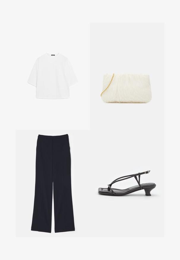 Hvid oversized T-shirt lavet af blød bomuld. Har korte ærmer, en rund halsudskæring og en afslappet pasform uden synlige mønstre eller accenter.; Mørkeblå brede bukser lavet af et glat stof, med et højt talje og to frontfolder, der strækker sig ned ad benene.; Sort lædersandal med tynde stropper, lav blokhæl og firkantet tå. Har en spænde lukning og glat tekstur.; Hvid tekstureret clutchtaske med en samlet design, der har en guld kædestrop. Glat finish med subtile bølger og afrundede kanter.; Sølv perleøreringe med en buet, bønneform. Glat, blank overflade og sikret med en stift og bagside-lukning.