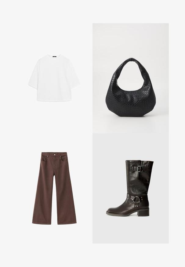 White oversized t-shirt made of soft cotton. Features short sleeves, a round neckline, and a relaxed fit with no visible patterns or accents.; Brown wide-leg jeans made of denim. Features five pockets, a zip fly, and metal rivets. Smooth texture and classic design.; Brown leather knee-high boot with a rounded toe, a side buckle detail, and a chunky heel. Smooth texture with metallic accents on the strap.; Black woven handbag with a curved handle, featuring a textured surface and a slouchy shape. Smooth finish with an organic silhouette.