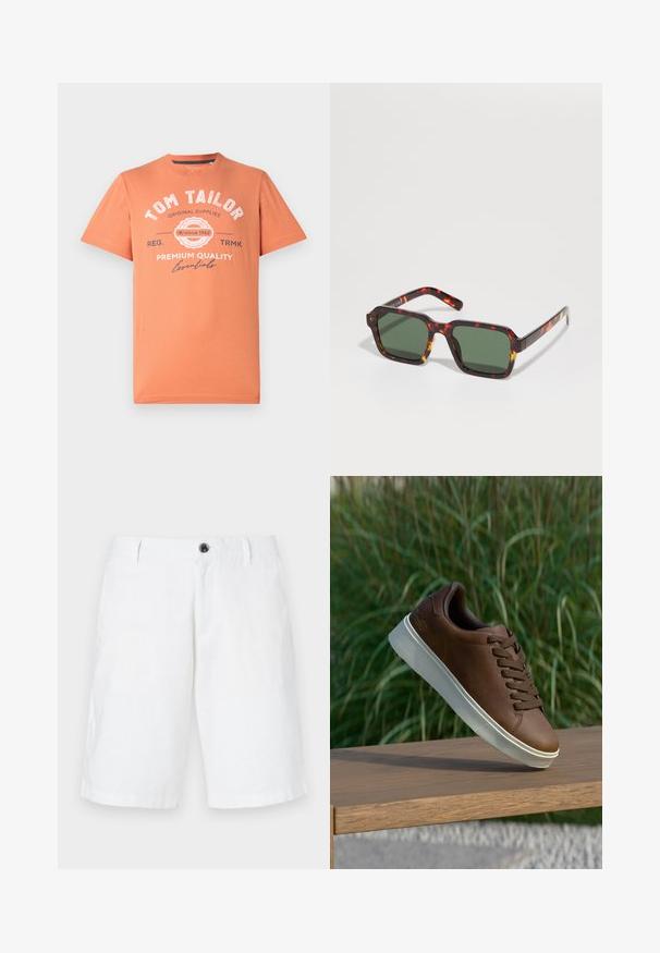 Lühikeste varrukatega T-särk koralloranžis, ümmarguse kaelusega. Ees on valge graafika tekst ja logo. Materjal: puuvill.; Valged linased lühikesed püksid vabalt voolava lõikega, millel on üks nööp, vöökohad ja küljetaskud. Sile tekstuur ja sirge äär.; Pruun nahast tenniseking valge kummist tallaga, ümar varvas ja pruunid laced. Talla tekstuuriline haardepind ja ülemise sile pind.; Kilpkonnakilbi prillid ruudukujuliste raamidega, rohelise tooniga läätsed ja kontrastsed oranžid aktsendid käte servades.