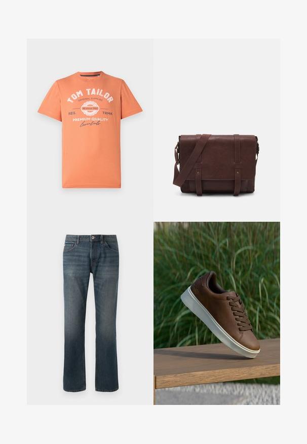 Camiseta de manga corta en color coral naranja con cuello redondo. Presenta texto gráfico en blanco y detalles de logotipo en la parte frontal. Material de algodón.; Jeans de mezclilla azul oscuro con un diseño de pierna recta. Las características incluyen cinco bolsillos, costuras de contraste y un cierre frontal con botón y cremallera.; Zapatilla de cuero marrón con suela de goma blanca, puntera redondeada y cordones marrones. Agarre texturizado en la suela y acabado suave en la parte superior.; Bandolera de cuero marrón con una tapa frontal plana, dos correas, detalles en metal dorado y una correa para el hombro ajustable.