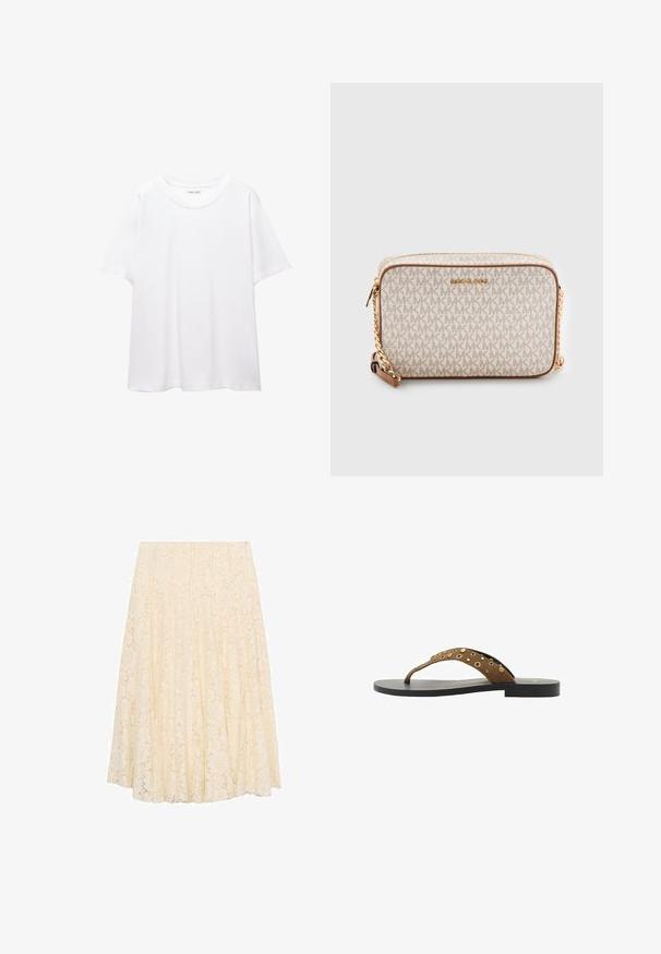 Navadna bela majica iz bombaža s krožnim izrezom, kratkimi rokavi in sproščenim krojem. Gladka tekstura brez vzorcev ali okrasov.; Krema čipkast midi krilo s cvetnim vzorcem, nabranim dizajnom in gladko teksturo. Pas je raven, dolžina pa sega pod koleno.; Rjavi semiš natikač s enim trakom, okrašenim z zlatimi bucikami, črnim podplatom, ravnim dizajnom in preprosto, minimalistično obliko.; Bežna torba preko ramena, izdelana iz platna z ponavljajočim se vzorcem MK logotipa, zlato kovinsko okovje in verižni pas. Ima zadrgo in usnjene detajle.