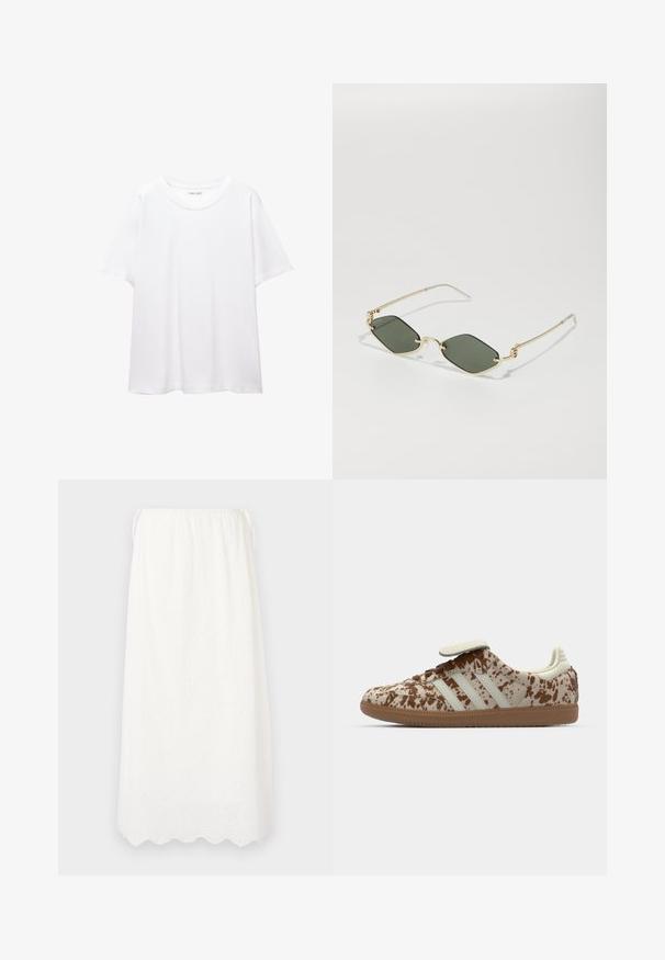 Effen wit T-shirt van katoen met een ronde hals, korte mouwen en een relaxte pasvorm. Glad textuur zonder patronen of accenten.; DESIGNERS REMIX LUNA MAXI SKIRT - Maxirok - cream; Sneaker met een beige en bruine gespikkelde patroon, voorzien van drie witte strepen, een klittenbandsluiting en een bruine rubberen zool.; Gucci UNISEX - Zonnebril - gold-coloured; Lichtblauwe leren handtas met een gestructureerd ontwerp, gouden hardware en een bovenhandvat. Voorzien van een afneembare schouderriem en een textuur oppervlakte.