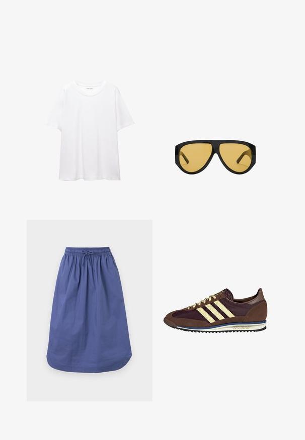 Navadna bela majica iz bombaža s krožnim izrezom, kratkimi rokavi in sproščenim krojem. Gladka tekstura brez vzorcev ali okrasov.; Modra bombažna krila z elastičnim pasom in vrvico. A-linijska oblika, dolžina do kolen, gladka textura, brez vzorcev ali dodatkov.; Rjavi in rdeče-burgundske teniske iz usnja in mrežastega materiala, ki imajo tri smetane stripe, teksturirano blago na jeziku in gumijast podplat.; Sončna očala s sleek črnim plastičnim okvirjem in rumenimi lečami, z izrazito kotno obliko in širokimi templji za dodatno zaščito.; Tkanšna svetlo rjava torbica z zaobljenim ročajem, izdelana iz mehkega usnja. Ima zadrgo in zapleten vzorec košarice.
