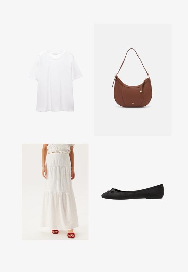 En enkel hvid t-shirt lavet af bomuld med rund halsudskæring, korte ærmer og en afslappet pasform. Glat tekstur uden mønstre eller accentuer.; Hvid, lagdelt maxi nederdel lavet af broderet bomuld, der har udskårne blomster mønstre. Kompletteret med røde hæle sandaler.; Sorte ruskind ballet flats med rund tå, prydet med en dekorativ sløjfe på forsiden og flad sål. Glat tekstur og klassisk form.; Brun faux læder skuldertaske med buet form, minimal syning og en guldtonet hardwaredetalje. Har en top lynlåslukning og justerbar rem.