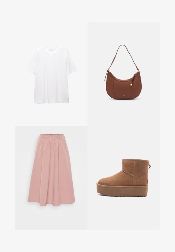 Valkoinen t-paita, joka on valmistettu puuvillasta, pyöreällä pääntiellä, lyhyillä hihoilla ja rentona istuvuutena. Suora pinta ilman kuvioita tai koristeluita.; Vaaleanpunainen, polvipituinen hame, joka on valmistettu sileästä kankaasta. Siinä on rypytetty vyötärö ja pleatattu muotoilu. Tasainen, ilman lisävarusteita tai kuvioita.; Tan suede nilonini kidogo chukua na sahani ya jukwaa, mguu wenye umbo la duara, na mapambo ya kushona; inajumuisha kipande cha kubana nyuma kwa kuvaa kwa urahisi.; Ruskea keinonahkainen olkalaukku, jossa on kaareva muoto, minimaalinen ompelu ja kultasävyinen varuste. Varustettu ylhäältä avautuvalla vetoketjullisella suljennalla ja säädettävällä hihnalla.