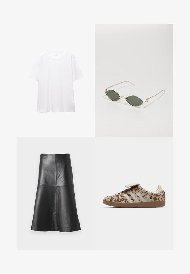 Valkoinen t-paita, joka on valmistettu puuvillasta, pyöreällä pääntiellä, lyhyillä hihoilla ja rentona istuvuutena. Suora pinta ilman kuvioita tai koristeluita.; Mustat nahkainen A-linjainen hame, jossa on saumat ja sileä pinta, kapeneva helmaa kohti. Yksinkertainen muotoilu ilman ylimääräisiä koristeita.; Juoksukengät, joissa on beige ja ruskea laikullinen kuvio, kolme valkoista raitaa, tarrasuljin ja ruskea kumipohja.; Gucci UNISEX - Aurinkolasit - gold-coloured; Vaaleansininen nahkalaukku, jossa on jämäkkä muotoilu, kultaiset yksityiskohdat ja yläkahva. Varustettu irrotettavalla olkahihnalla ja teksturoidulla pinnalla.